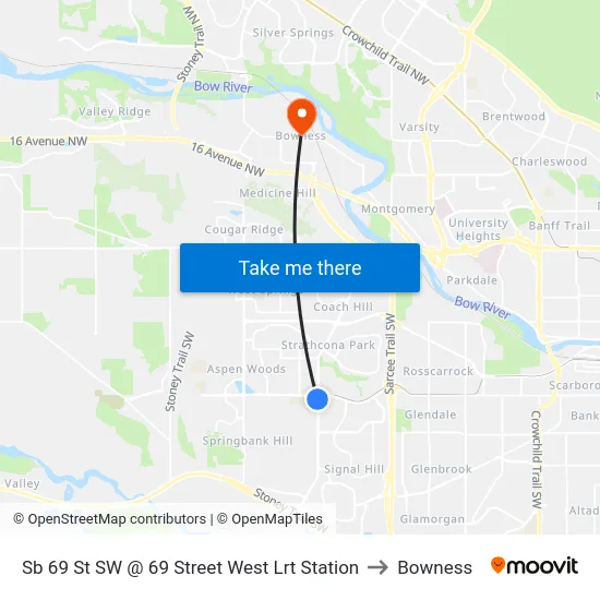 Sb 69 St SW @ 69 Street West Lrt Station to Bowness map