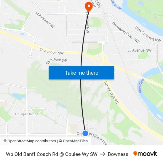 Wb Old Banff Coach Rd @ Coulee Wy SW to Bowness map