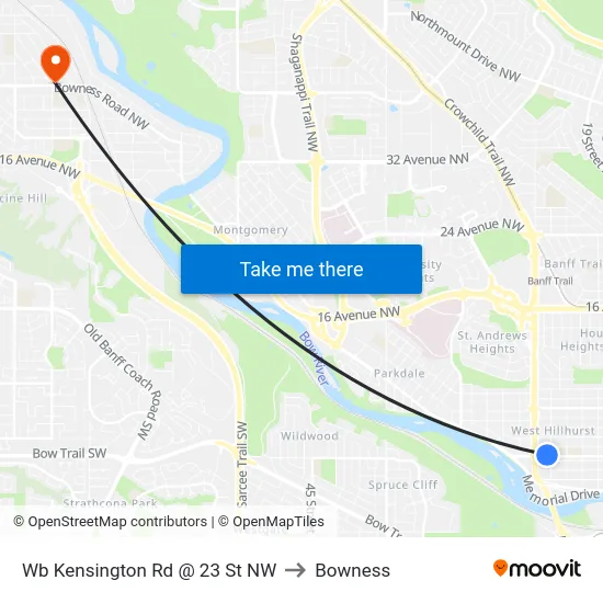Wb Kensington Rd @ 23 St NW to Bowness map