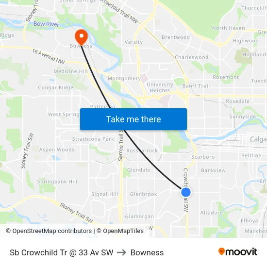Sb Crowchild Tr @ 33 Av SW to Bowness map