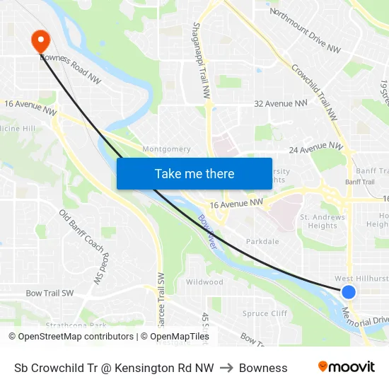 Sb Crowchild Tr @ Kensington Rd NW to Bowness map