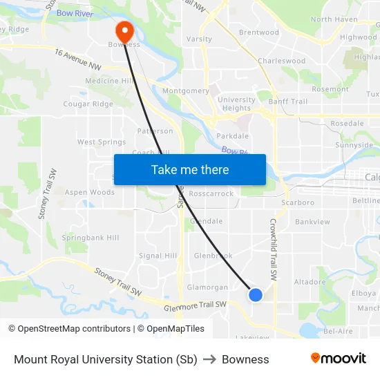 Mount Royal University Station (Sb) to Bowness map