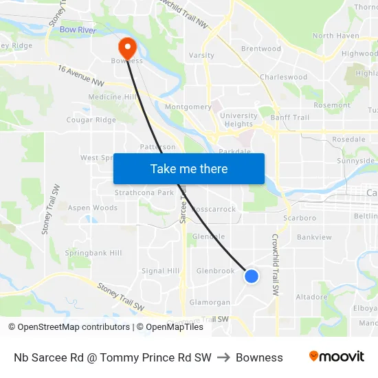 Nb Sarcee Rd @ Tommy Prince Rd SW to Bowness map