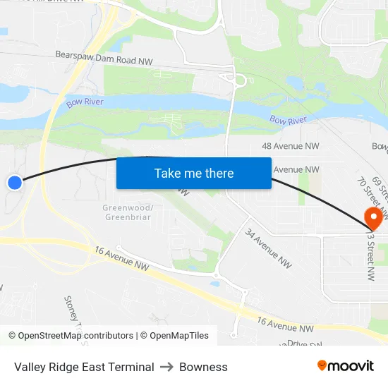Valley Ridge East Terminal to Bowness map