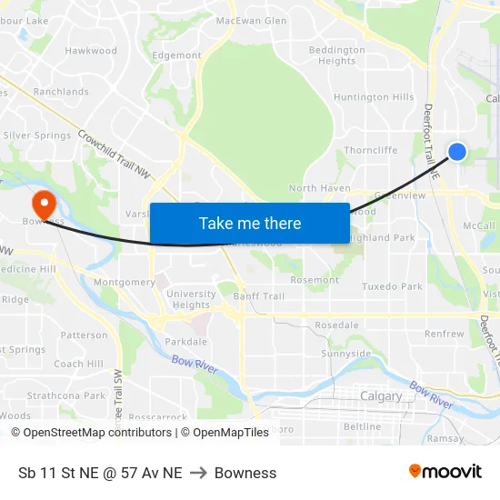 Sb 11 St NE @ 57 Av NE to Bowness map