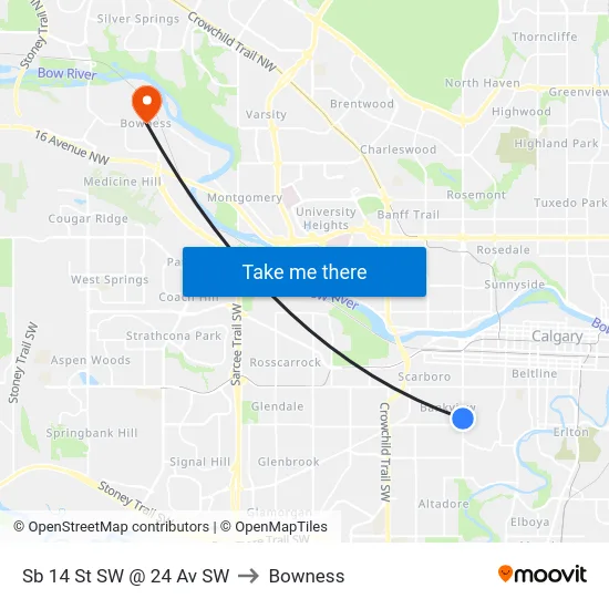 Sb 14 St SW @ 24 Av SW to Bowness map