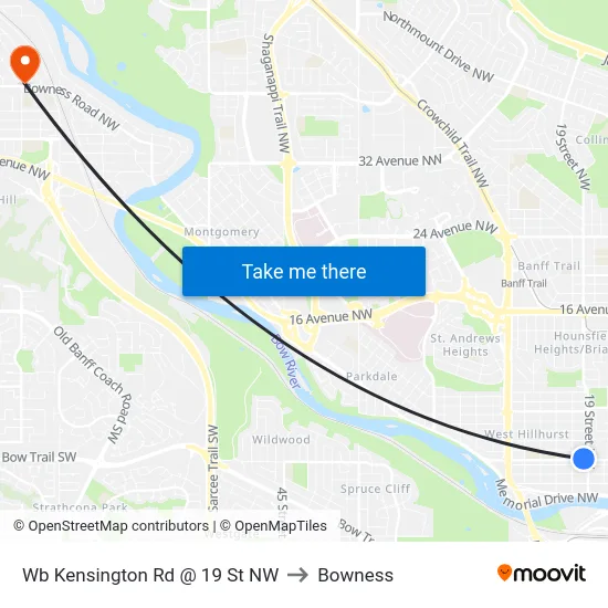 Wb Kensington Rd @ 19 St NW to Bowness map