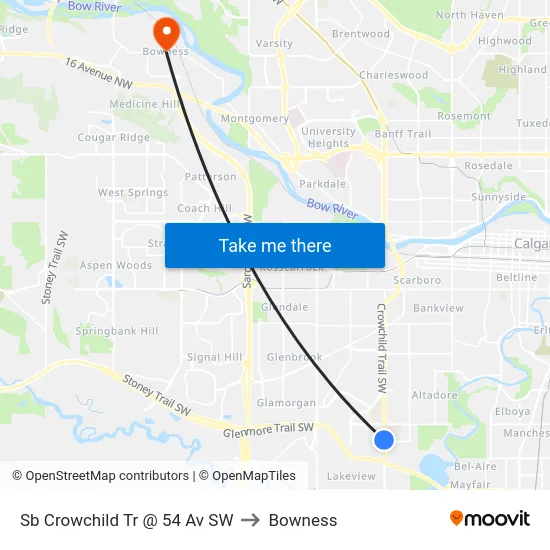Sb Crowchild Tr @ 54 Av SW to Bowness map