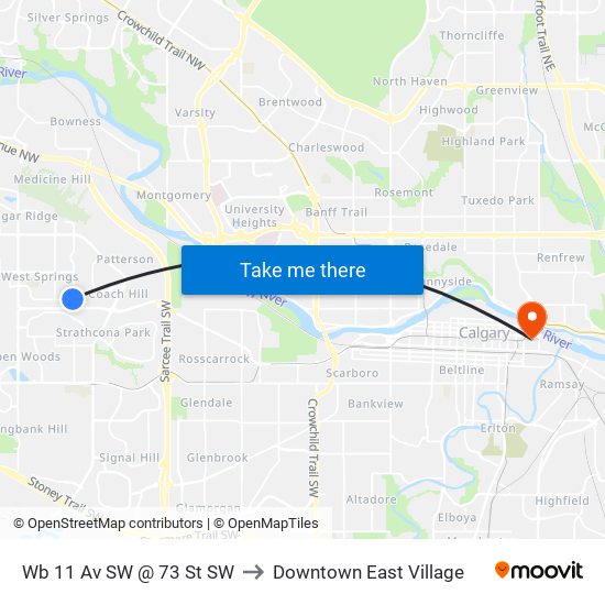 Wb 11 Av SW @ 73 St SW to Downtown East Village map