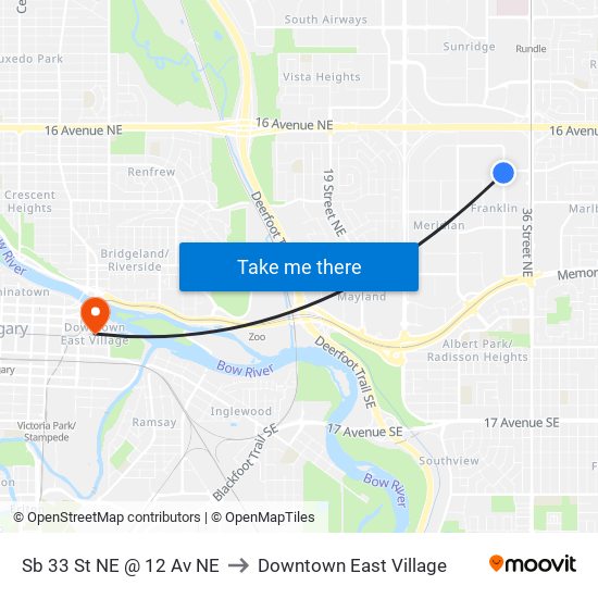 Sb 33 St NE @ 12 Av NE to Downtown East Village map