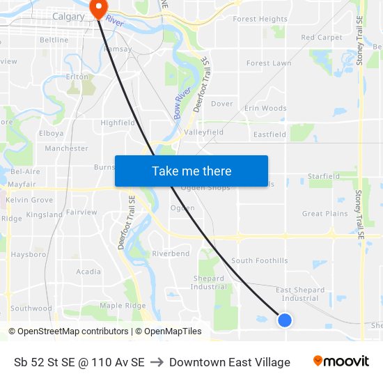 Sb 52 St SE @ 110 Av SE to Downtown East Village map