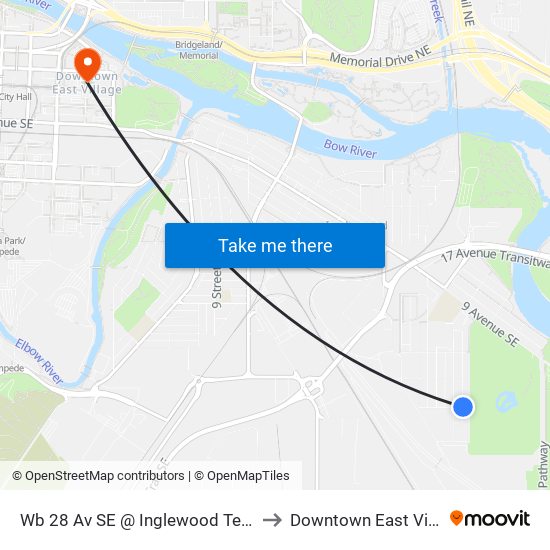 Wb 28 Av SE @ Inglewood Terminal to Downtown East Village map