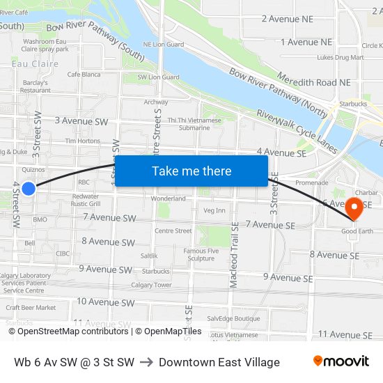 Wb 6 Av SW @ 3 St SW to Downtown East Village map