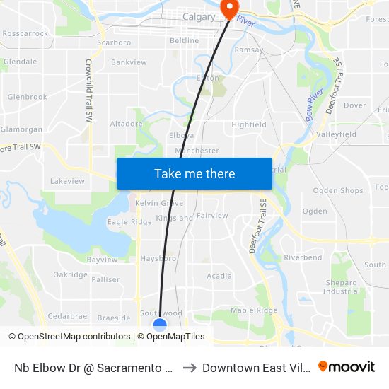 Nb Elbow Dr @ Sacramento Dr SW to Downtown East Village map