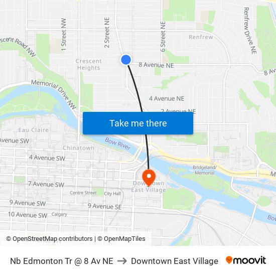 Nb Edmonton Tr @ 8 Av NE to Downtown East Village map