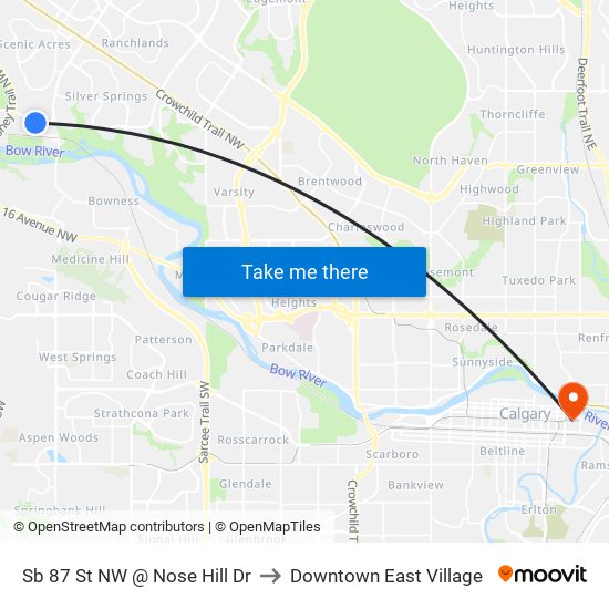 Sb 87 St NW @ Nose Hill Dr to Downtown East Village map