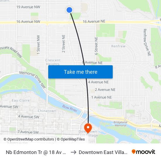 Nb Edmonton Tr @ 18 Av NE to Downtown East Village map