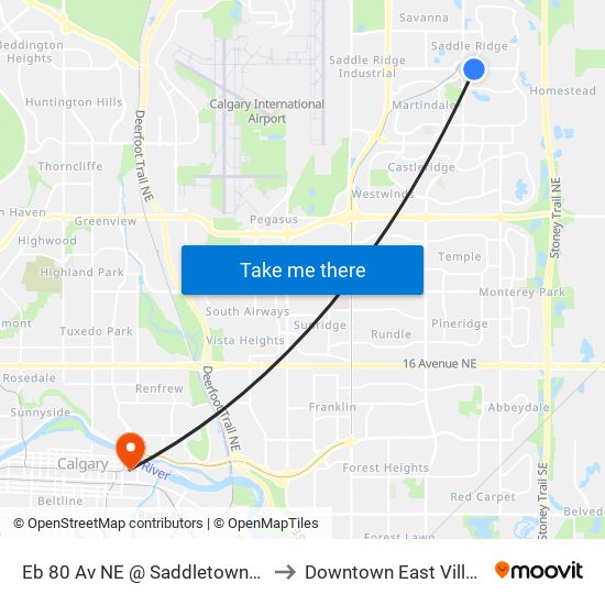 Eb 80 Av NE @ Saddletowne Ci to Downtown East Village map