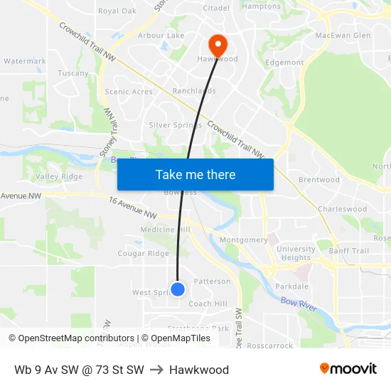 Wb 9 Av SW @ 73 St SW to Hawkwood map