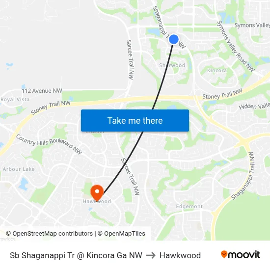 Sb Shaganappi Tr @ Kincora Ga NW to Hawkwood map