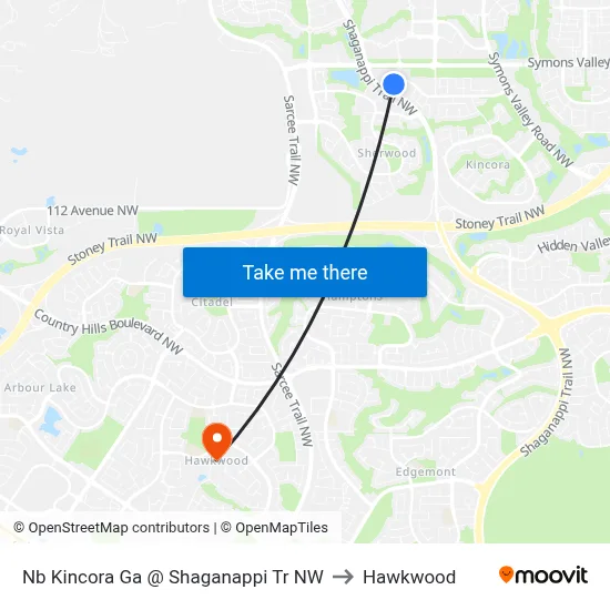 Nb Kincora Ga @ Shaganappi Tr NW to Hawkwood map