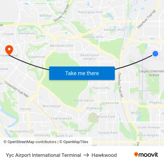Yyc Airport International Terminal to Hawkwood map