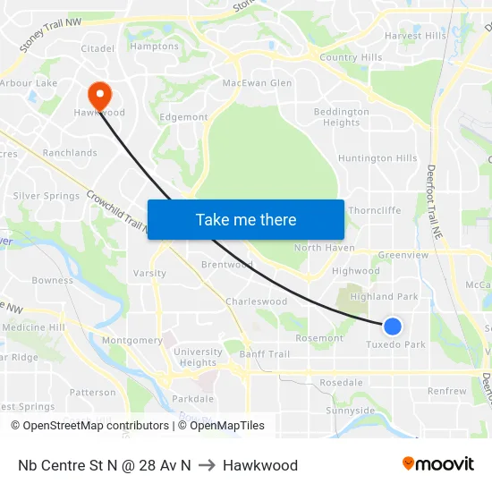Nb Centre St N @ 28 Av N to Hawkwood map