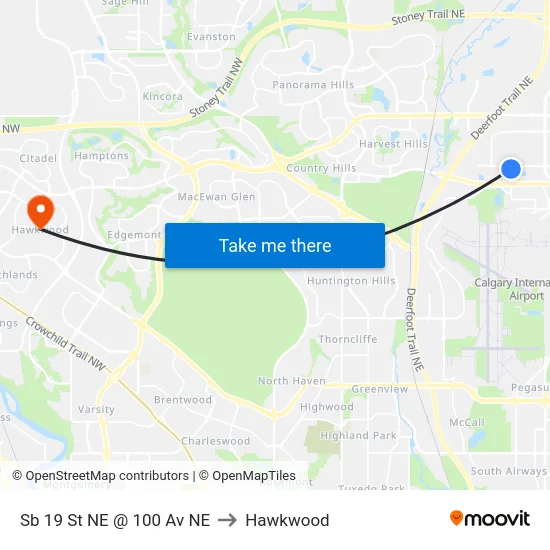Sb 19 St NE @ 100 Av NE to Hawkwood map