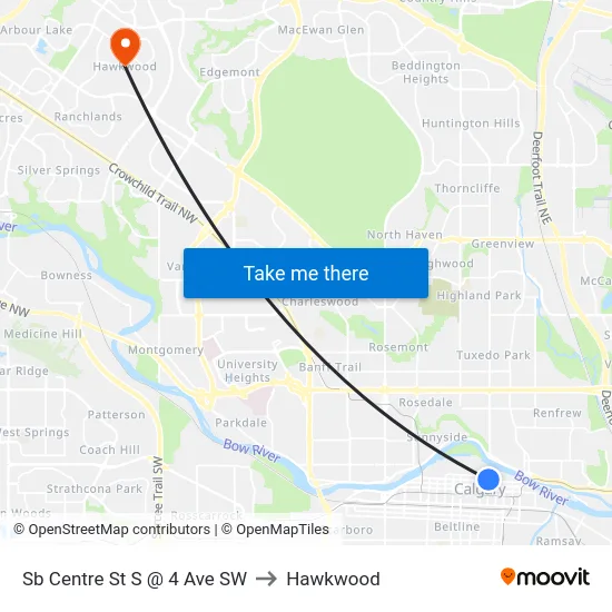 Sb Centre St S @ 4 Ave SW to Hawkwood map