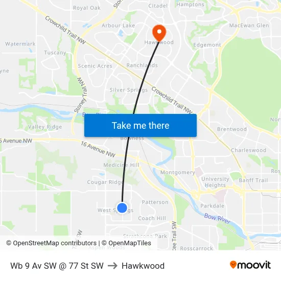Wb 9 Av SW @ 77 St SW to Hawkwood map