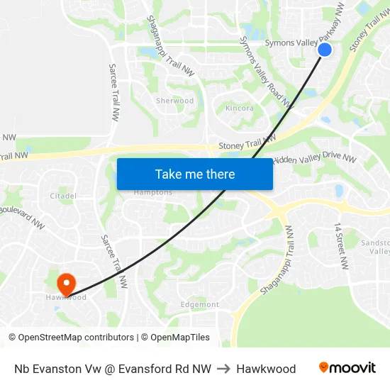 Nb Evanston Vw @ Evansford Rd NW to Hawkwood map