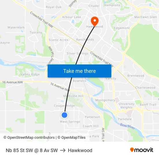 Nb 85 St SW @ 8 Av SW to Hawkwood map