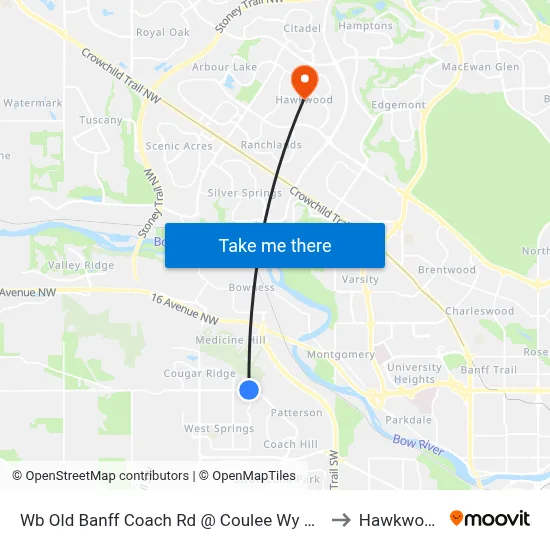 Wb Old Banff Coach Rd @ Coulee Wy SW to Hawkwood map