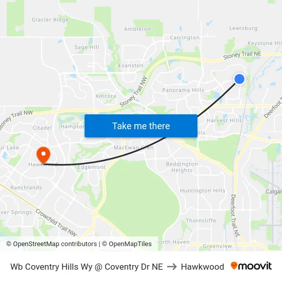 Wb Coventry Hills Wy @ Coventry Dr NE to Hawkwood map