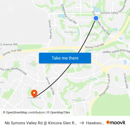 Nb Symons Valley Rd @ Kincora Glen Rd NW to Hawkwood map
