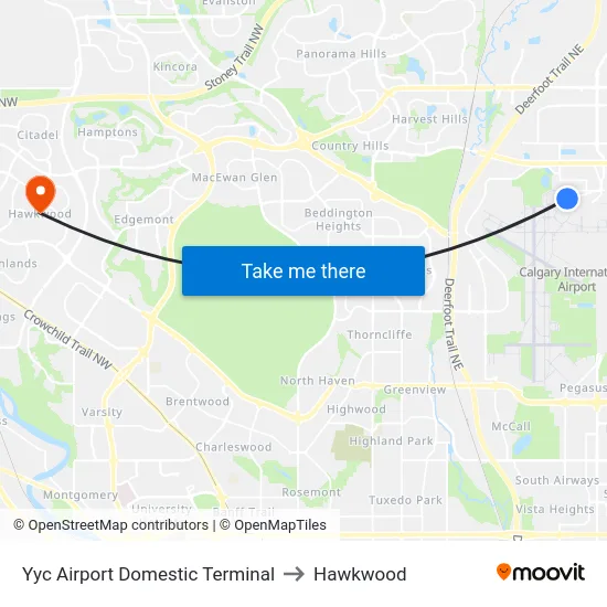 Yyc Airport Domestic Terminal to Hawkwood map