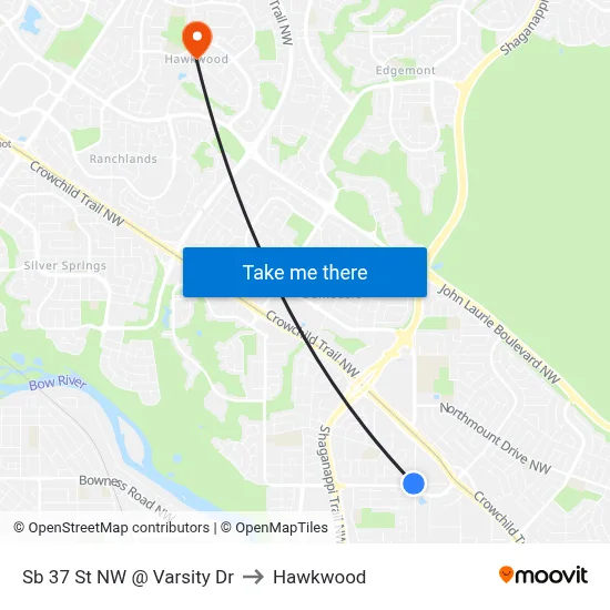 Sb 37 St NW @ Varsity Dr to Hawkwood map
