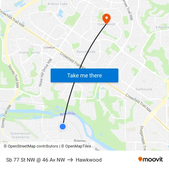 Sb 77 St NW @ 46 Av NW to Hawkwood map