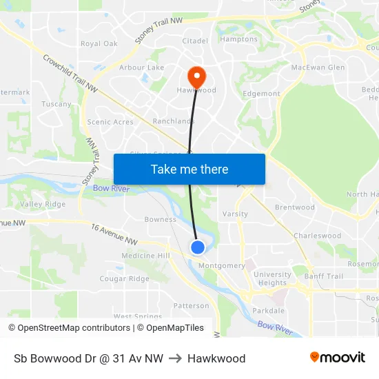 Sb Bowwood Dr @ 31 Av NW to Hawkwood map