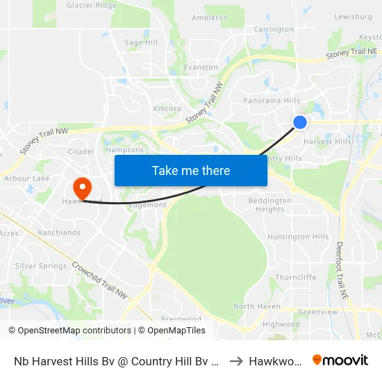 Nb Harvest Hills Bv @ Country Hill Bv NE to Hawkwood map
