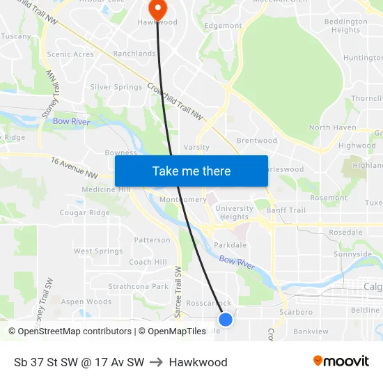 Sb 37 St SW @ 17 Av SW to Hawkwood map