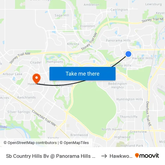 Sb Country Hills Bv @ Panorama Hills Wy NW to Hawkwood map