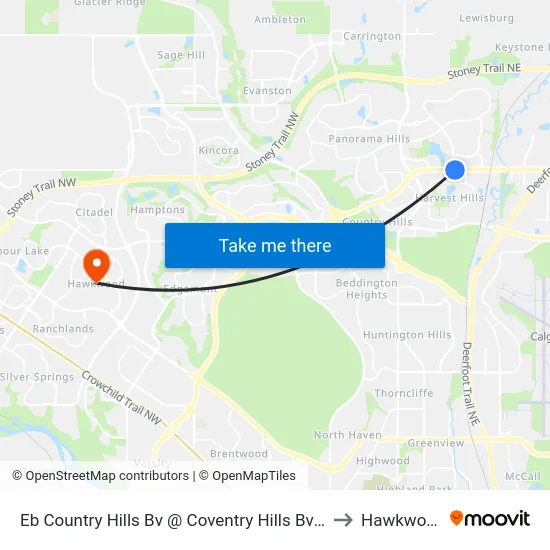 Eb Country Hills Bv @ Coventry Hills Bv NE to Hawkwood map