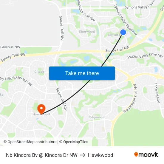 Nb Kincora Bv @ Kincora Dr NW to Hawkwood map