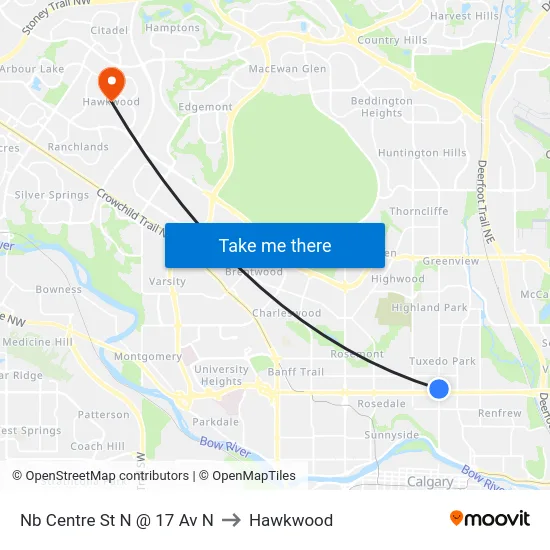Nb Centre St N @ 17 Av N to Hawkwood map