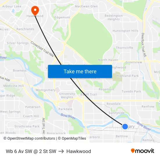 Wb 6 Av SW @ 2 St SW to Hawkwood map