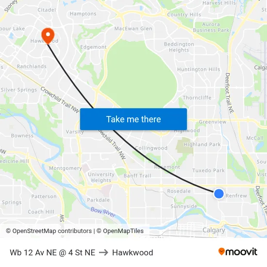 Wb 12 Av NE @ 4 St NE to Hawkwood map