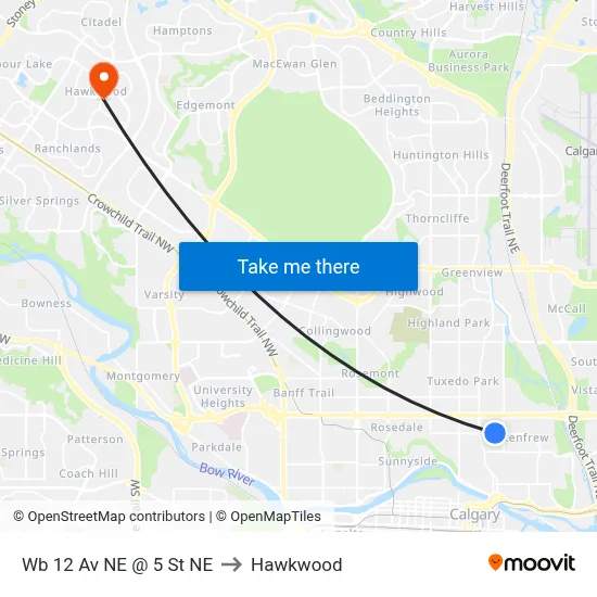 Wb 12 Av NE @ 5 St NE to Hawkwood map
