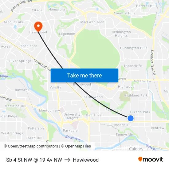 Sb 4 St NW @ 19 Av NW to Hawkwood map
