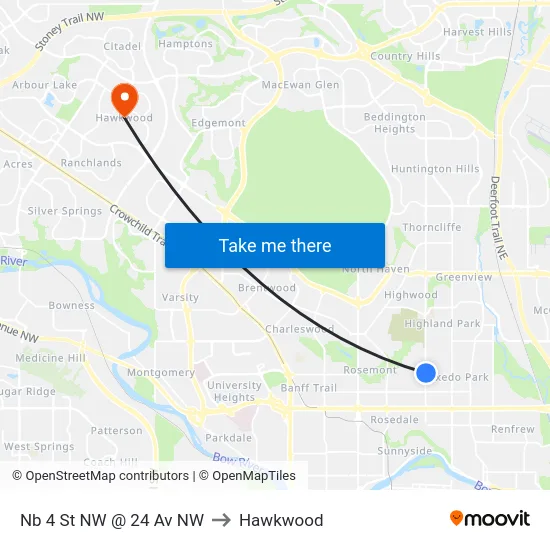 Nb 4 St NW @ 24 Av NW to Hawkwood map